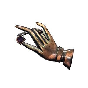 Vintage Hand Brooch Copper Colored W/ Purple Rhinestones